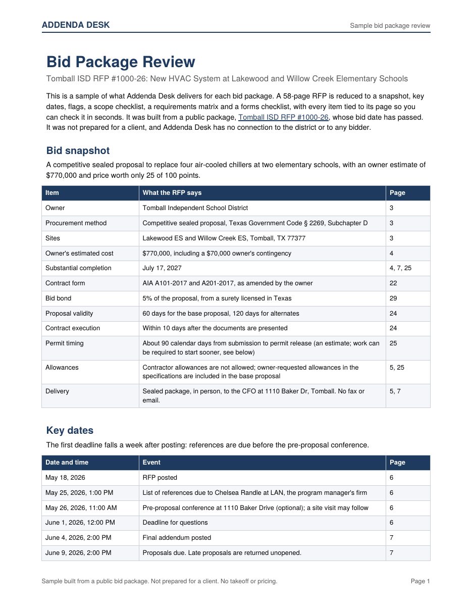Sample review page 1: bid snapshot and key dates